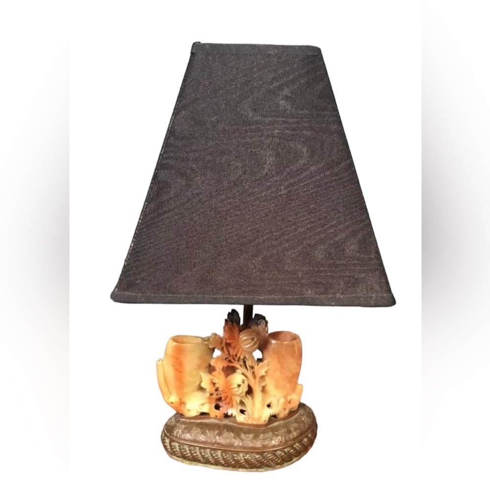 Antique 1800s Carved Marble Soapstone & Metal Electric Lamp
